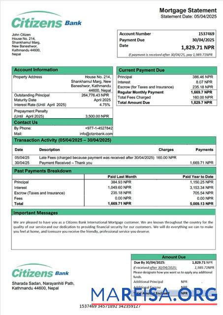 Blank Nepal Citizens Bank International mortgage statement Word and PDF template